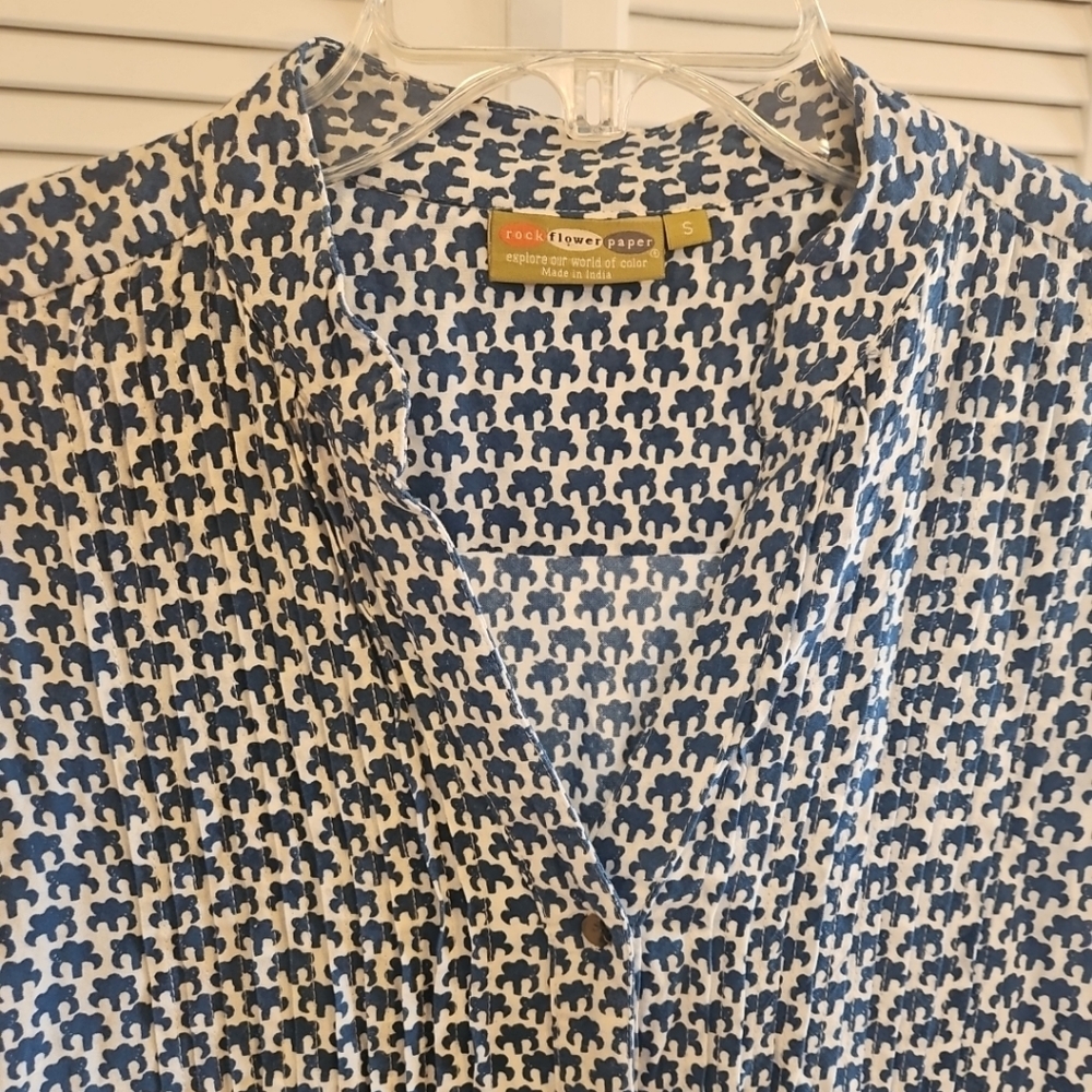 Rock Flower Paper Tunic Top Womens Small Colorful Button Up 3/4 Sleeve Spring